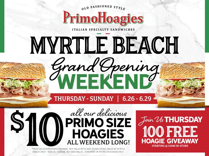 PrimoHoagies Myrtle Beach Celebrates Grand Opening with Free Hoagies to First 100 Customers
