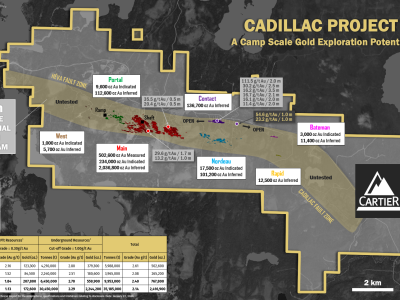 Cartier Discovers Multiple Shallow High-Grade Gold Zones at Cadillac; Cuts 54.6 g/t Au over 1.0 m and 4.4 g/t Au over 6.0 m; Extends North Contact Zone 500 Meters East on Strike