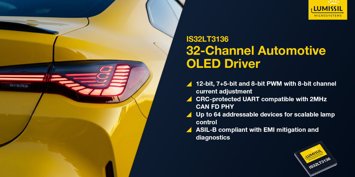 Lumissil Introduces IS32LT3136 32-Channel Linear LED Driver for Next-Generation Automotive OLED Lighting