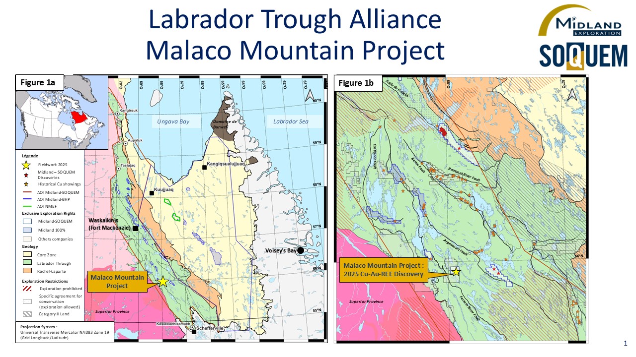 Midland and SOQUEM Are Planning an Induced Polarization Survey on the Malaco Mountain Copper-Gold-Rare Earth Element Zone in the Labrador Trough